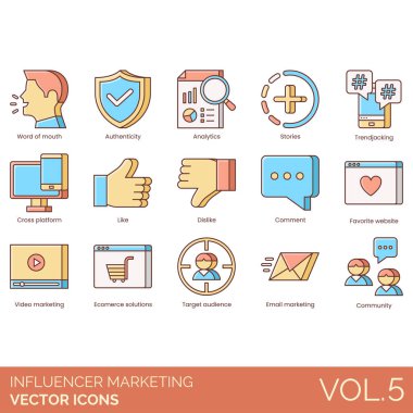 Analiz ve ağ oluşturma dahil renkli pazarlama simgeleri