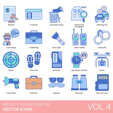 Cihazlar da dahil çeşitli özel dedektif ekipmanları simgeleri