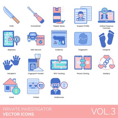 Özel dedektif simgeleri araçları gösteren kanıt izleme teknolojisi