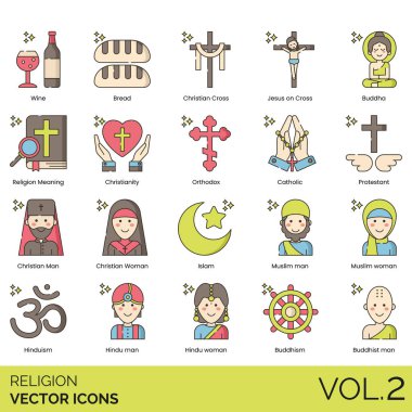Çeşitli sembollere sahip renkli din vektörü simgeleri