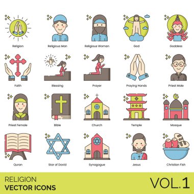 Çeşitli inançları temsil eden renkli din simgeleri