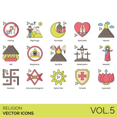 Semboller ve ritüeller içeren renkli din vektörü simgeleri