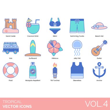 Yaz tatili öğelerini gösteren renkli tropikal vektör simgeleri