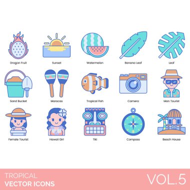 Yaz nesneleri içeren renkli tropikal vektör simgeleri
