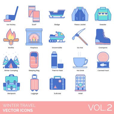 Kamp malzemeleri de dahil çeşitli kış seyahatleri ikonları