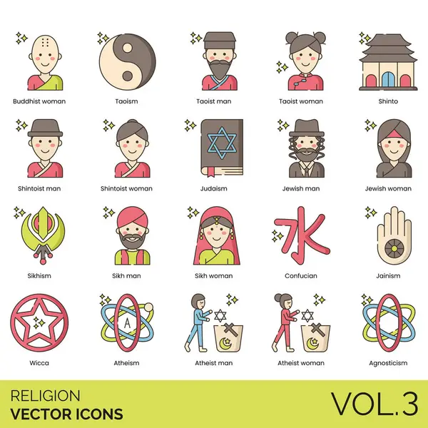 İnsanların sembollerinin yer aldığı çeşitli renkli din simgeleri