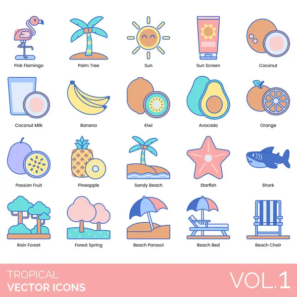 Plajda meyve içecekleri bulunan renkli tropikal vektör simgeleri
