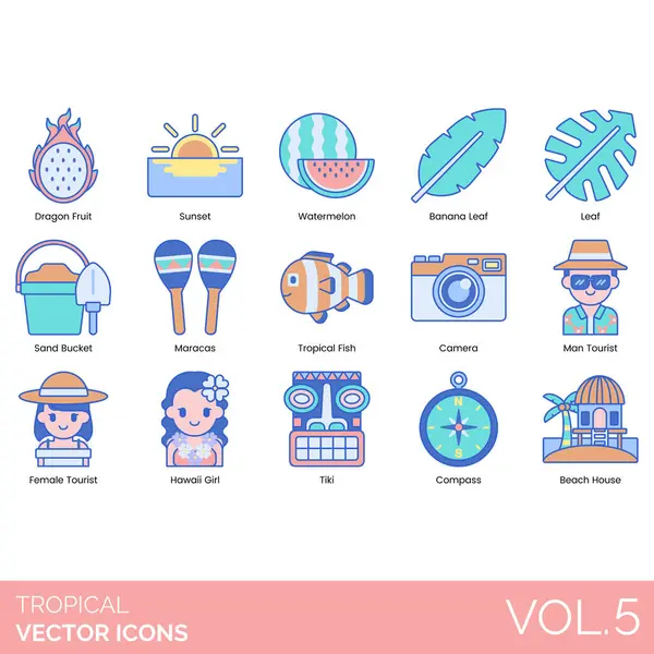 Yaz nesneleri içeren renkli tropikal vektör simgeleri