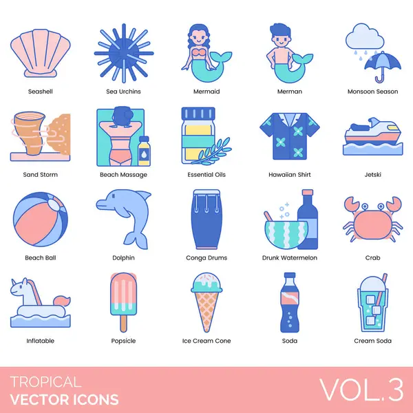 Yaz etkinliklerinin yer aldığı renkli tropikal vektör simgeleri