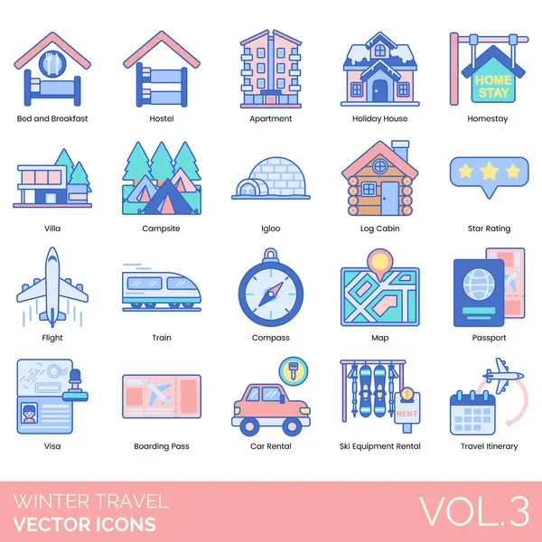 Kabinler, haritalar, pasaportlar dahil renkli kış seyahati simgeleri