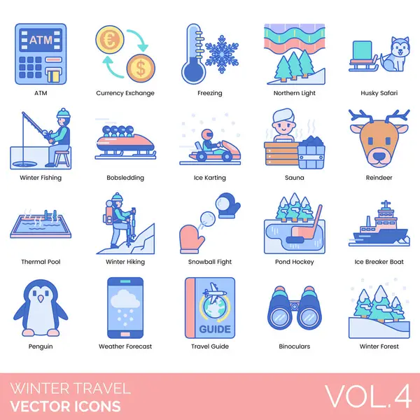 Kış seyahat simgeleri etkinlikleri gösteren hayvanlar hava durumu ekipmanları