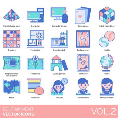 Gösterilen çeşitli renkli eğitim ve eğlence vektörü simgeleri