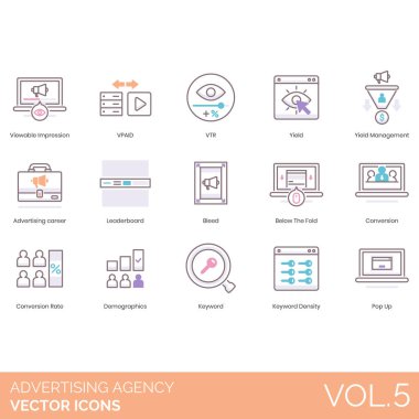 Advertising agency icons including viewable impression, vpaid, vtr, yield management, career, leaderboard, bleed, below the fold, conversion, rate, demographics, keyword density, pop up.