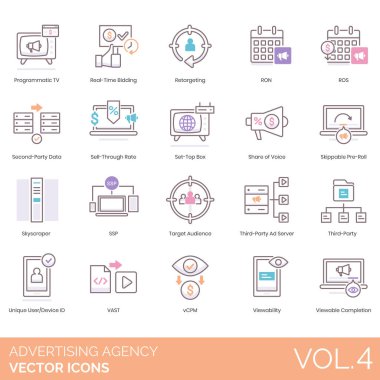 Advertising agency icons including programmatic tv, real time bidding, retargeting, ron, ros, second-party data, sell-through rate, set-top box, share of voice, skippable pre-roll, skyscraper, ssp, target audience, third-party ad server, unique user 