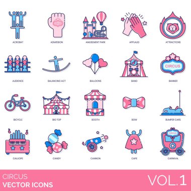 Circus icons including acrobat, admission, amusement park, applaud, attractions, audience, balancing art, balloons, band, banner, bicycle, big top, booth, bow, bumper car, calliope, candy, cannon.