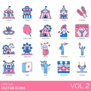 Circus icons including carousel, cashier, clown, corn dog, costume, cotton candy, county fair, entertainer, exhibition, ferris wheel, festival, fire breather, eater, fun house, games, giant, gymnast.
