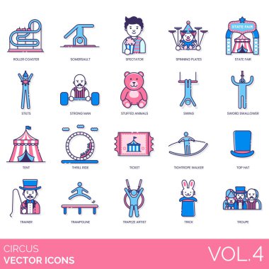Circus icons including roller coaster, somersault, spectator, spinning plates, state fair, stilts, strong man, stuffed animals, swing, sword swallower, thrill ride, ticket, tightrope walker, top hat.