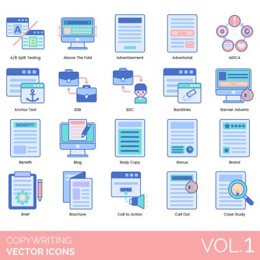 Copywriting icons including A/B split testing, above the fold, advertisement, advertorial, AIDCA, anchor text, b2b, b2c, backlink, banner advert, benefit, blog, body copy, bonus, brand, brief, brochure, action, call out, case study.