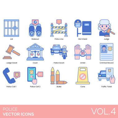 Police icons including jail, stakeout, line, riot shield, judge gravel, court, escort, arrest, criminal record, call, bullet, cone, traffic ticket.