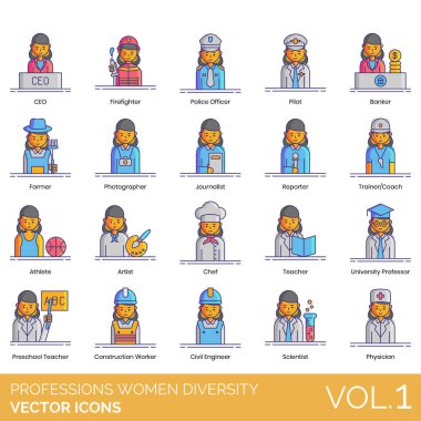 Professions Women Diversity Icons including Accountant, Actor, Electrician, Farmer, Fashion Designer, Fashion Model, Film Director, Firefighter, Flight Attendant, Florist, Graphic Designer