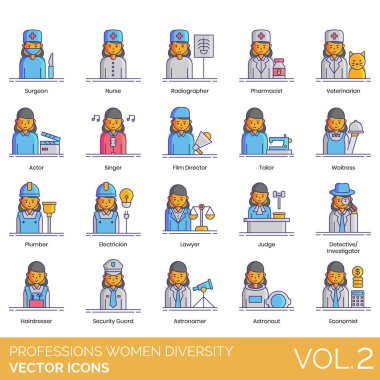Professions Women Diversity Icons including Accountant, Actor, Electrician, Farmer, Fashion Designer, Fashion Model, Film Director, Firefighter, Flight Attendant, Florist, Graphic Designer
