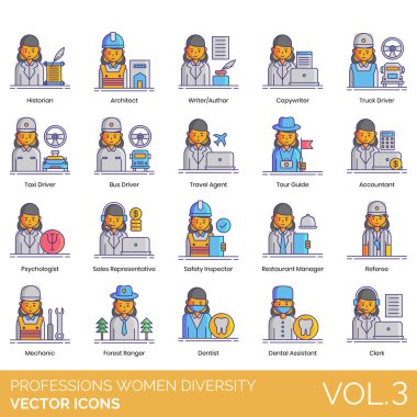 Professions Women Diversity Icons including Accountant, Actor, Electrician, Farmer, Fashion Designer, Fashion Model, Film Director, Firefighter, Flight Attendant, Florist, Graphic Designer