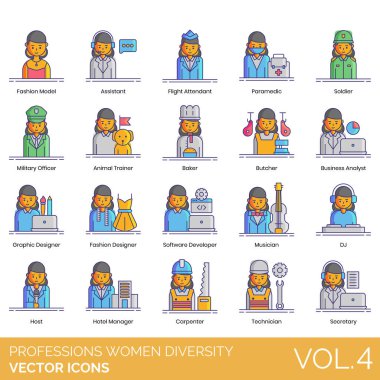 Professions Women Diversity Icons including Accountant, Actor, Electrician, Farmer, Fashion Designer, Fashion Model, Film Director, Firefighter, Flight Attendant, Florist, Graphic Designer