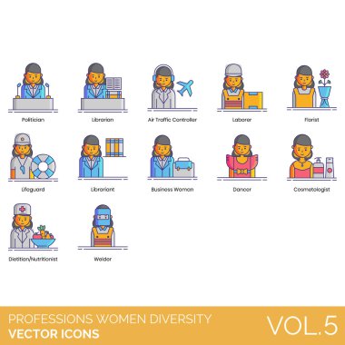 Professions Women Diversity Icons including Accountant, Actor, Electrician, Farmer, Fashion Designer, Fashion Model, Film Director, Firefighter, Flight Attendant, Florist, Graphic Designer