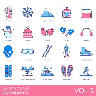 Winter travel icons including temperature, snowflake, snow mountain, cable car, chairlift, snowman, beanie, gloves, mittens, earmuffs, ski mask, goggles, poles, ice skating shoes, snowboard, cross country.