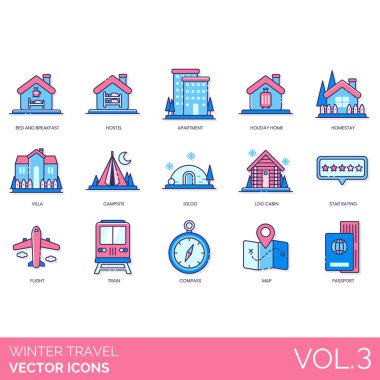 Winter travel icons including bed and breakfast, hostel, apartment, holiday home, homestay, villa, campsite, igloo, log cabin, star rating, flight, train, compass, map, passport.