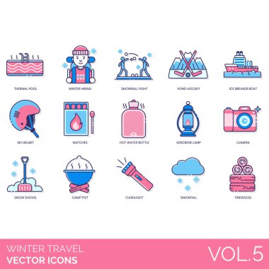 Winter travel icons including thermal pool, hiking, snowball fight, pond hockey, ice breaker boat, ski helmet, matches, hot water bottle, kerosene lamp, camera, snow shovel, camp pot, flashlight, snowfall, firewood.