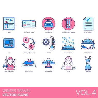 Winter travel icons including VISA, boarding pass, car rental, ski equipment, itinerary, ATM, currency exchange, freezing, northern light, husky safari, fishing, bobsledding, ice karting, sauna, reindeer.
