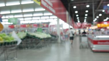 Modern süpermarket depolama arkaplanının bulanık görüntüsü. Odaklanmış bokeh ışığı arka planında hipermarket alışverişi.