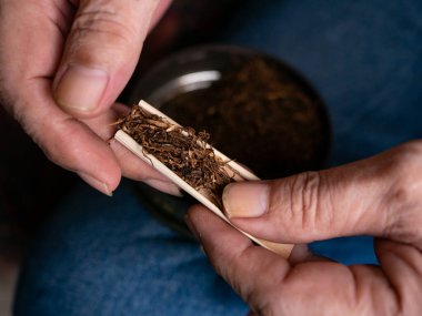 Kurutulmuş tütünle sarılmış sigara hazırlıyorum..