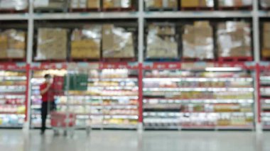 Modern süpermarket depolama arkaplanının bulanık görüntüsü. Odaklanmış bokeh ışığı arka planında hipermarket alışverişi.