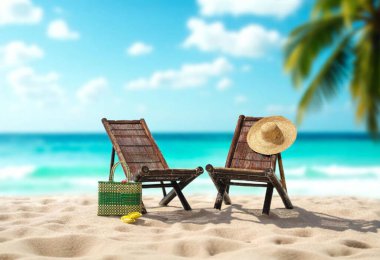 İki boş şezlonglu ve kumların üzerinde hasır şapkalı, turkuaz okyanusun kenarında berrak bir mavi gökyüzünün altında dinlendirici bir yaz tatili için mükemmel bir tropik plaj sahnesi.