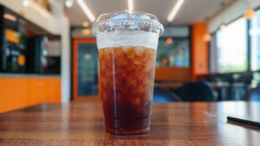 Tahta bir masada, Plastik Bardakta buzlu kahve.