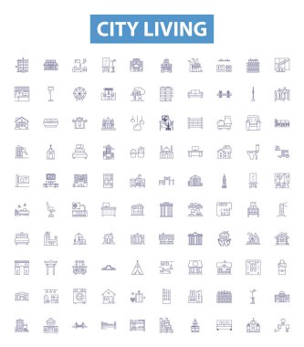 Şehrin yaşam çizgisi simgeleri, tabelalar hazır. Urban, metropolis, cosmopolis koleksiyonu, yayılan, yoğun, tıkanmış, itiş kakış, merkez çizim vektör çizimleri.