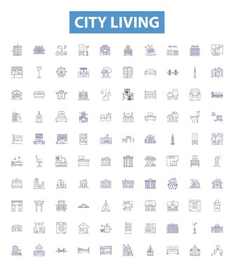 City living line icons, signs set. Collection of Urban, metropolis, cosmopolis, sprawling, dense, congested, hustle, bustle, hub outline vector illustrations. clipart