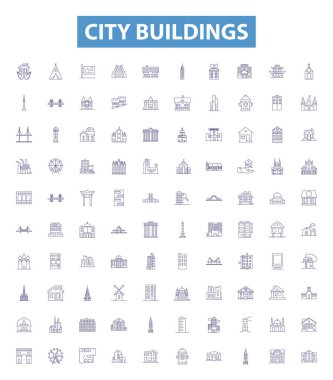 Şehir binaları simge çizgileri, tabelalar. Gökdelenler, Kuleler, Kompleksler, Yapılar, Evler, Daire, Şehir Evleri, Skyline, Yükseliş Hattı vektör çizimleri.