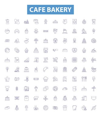 Kafe fırın çizgisi simgeleri, tabelalar hazır. Kafe, Fırın, Kahve, Pastalar, Kekler, Kurabiyeler, Ekmekler, Kekler, Çörekler,.