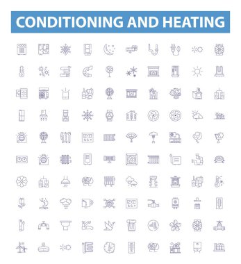Koşullandırma ve ısıtma hattı simgeleri, tabelalar hazır. Koşullandırma, Isıtma, Hava, Soğutma, Havalandırma, Fan, Fırın, Isı, Soğutma ana hatları vektör çizimleri.