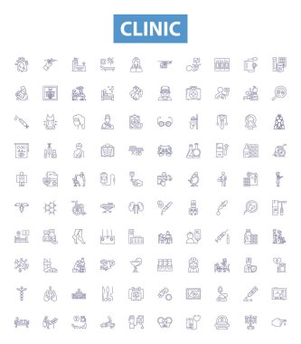 Klinik çizgi simgeleri, tabelalar hazır. Klinik, sağlık, merkez, hastane, tıbbi bakım, sağlık hizmetleri, doktor, tesis çizimleri.