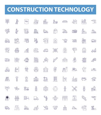 İnşaat teknolojisi çizgisi simgeleri, tabelalar hazır. İnşaat, Teknoloji, İnşaat, Mühendislik, Tasarım, Robotik, Otomasyon, Malzeme, Anket vektör çizimleri.