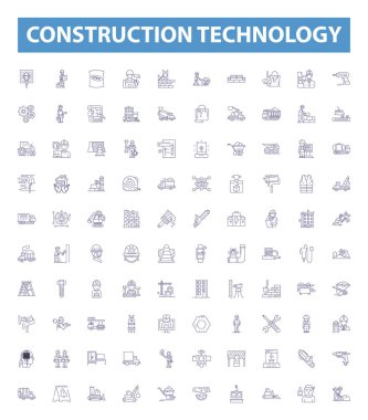 Construction technology line icons, signs set. Collection of Construction, Technology, Building, Engineering, Design, Robotics, Automation, Materials, Surveying outline vector illustrations. clipart