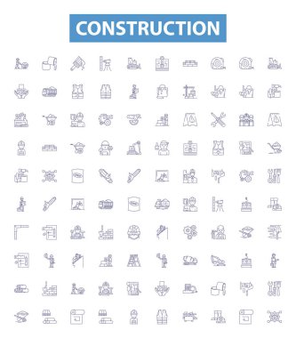 Construction line icons, signs set. Collection of Build, Construct, Constructing, Erect, Fabricate, Framework, Architecture, Structure, Constructible outline vector illustrations. clipart