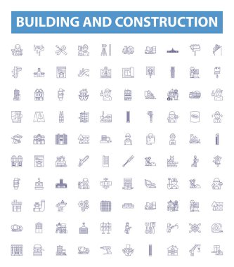 Bina ve inşaat çizgisi simgeleri, tabelalar hazır. Mimarlık, Mühendislik, Masonluk, Tesisat, Yapılar, Marangozluk, Tasarım, Kazı, Beton ana hatları çizim çizimleri.