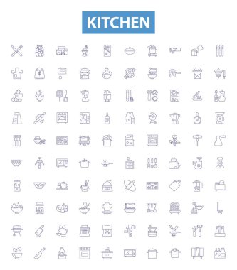 Mutfak çizgisi simgeleri, tabelalar hazır. Yemek, Mutfak, Dolaplar, Bulaşıklar, Utensiller, Aletler, Soba, Fırın, Lavabo ana hatları vektör çizimleri.
