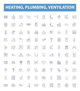 Heating, plumbing, ventilation line icons, signs set. Collection of heating, plumbing, ventilation, HVAC, system, installation, maintenance, repair, replacement outline vector illustrations. clipart