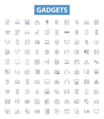 Gadgets çizgi simgeleri, tabelalar hazır. Cihazlar, elektronik eşyalar, aletler, araçlar, teknoloji, oyuncaklar, iPhone 'lar, bilgisayarlar, tabletler, vektör çizimleri.